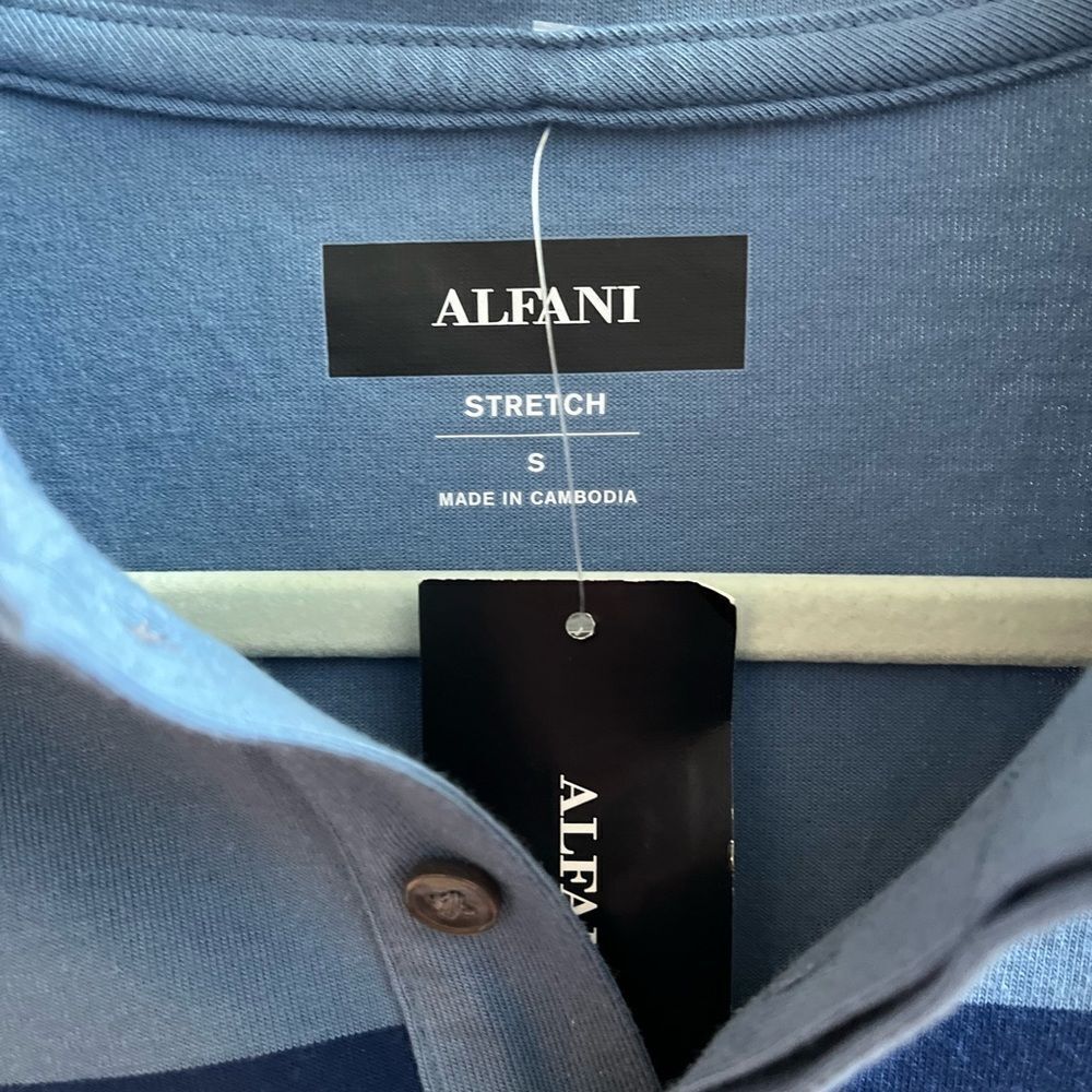 Alfani Blue Stripe Banded Bottom Polo Shirt sz S NWT